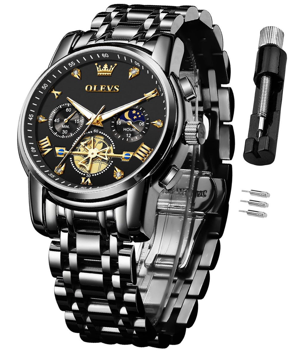 OLEVS Watches for Men Stainless Steel Chronograph Big Face Easy to Read Analog Quartz Watches Luxury Waterproof Date Diamond Dial Dress Wrist Watch Reloj De Hombre Black
