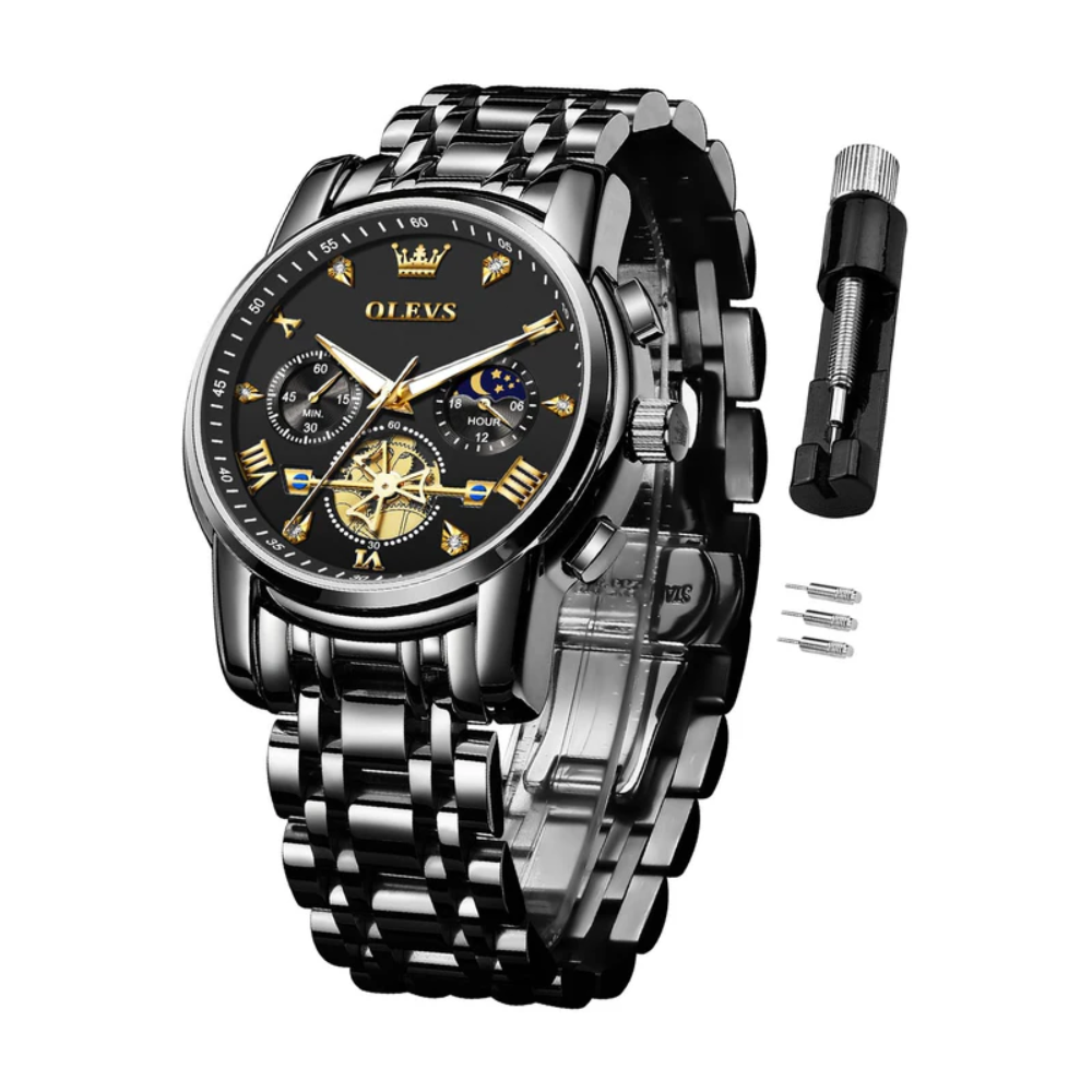 OLEVS Men’s Luxury Quartz Chronograph Watch – Diamond Dial, Waterproof, Black