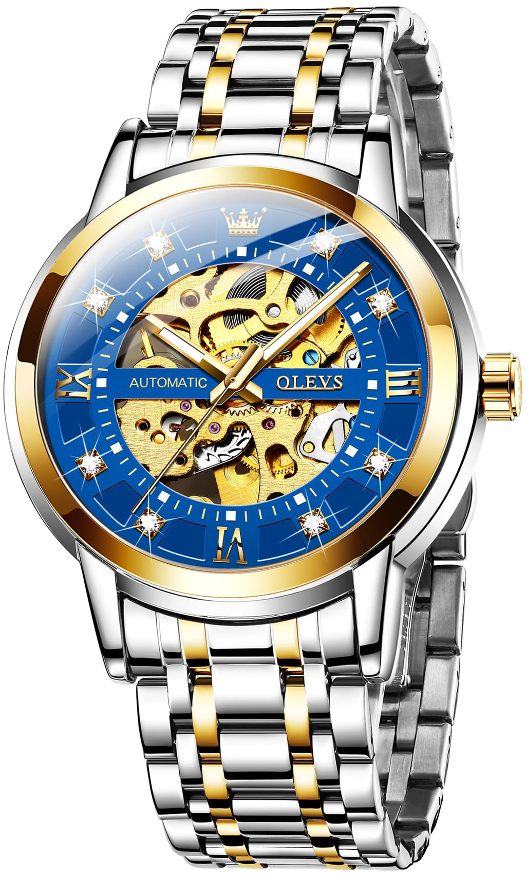 OLEVS Mens Automatic Watch Skeleton Diamond Luxury Mechanical Self Winding Dress Wrist Watch Waterproof Luminous