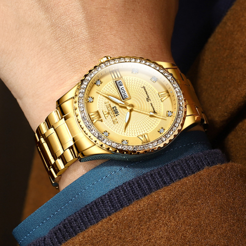 Gold Men’s Quartz Watch – Stainless Steel, Waterproof, Classic - Lux Timepieces 