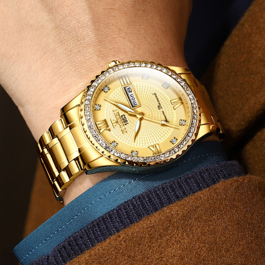 Gold Men’s Quartz Watch – Stainless Steel, Waterproof, Classic - Lux Timepieces 